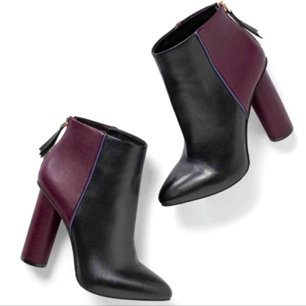 CAbi Bisset Wine Mulberry Black Leather Block Heel Zip Up Booties